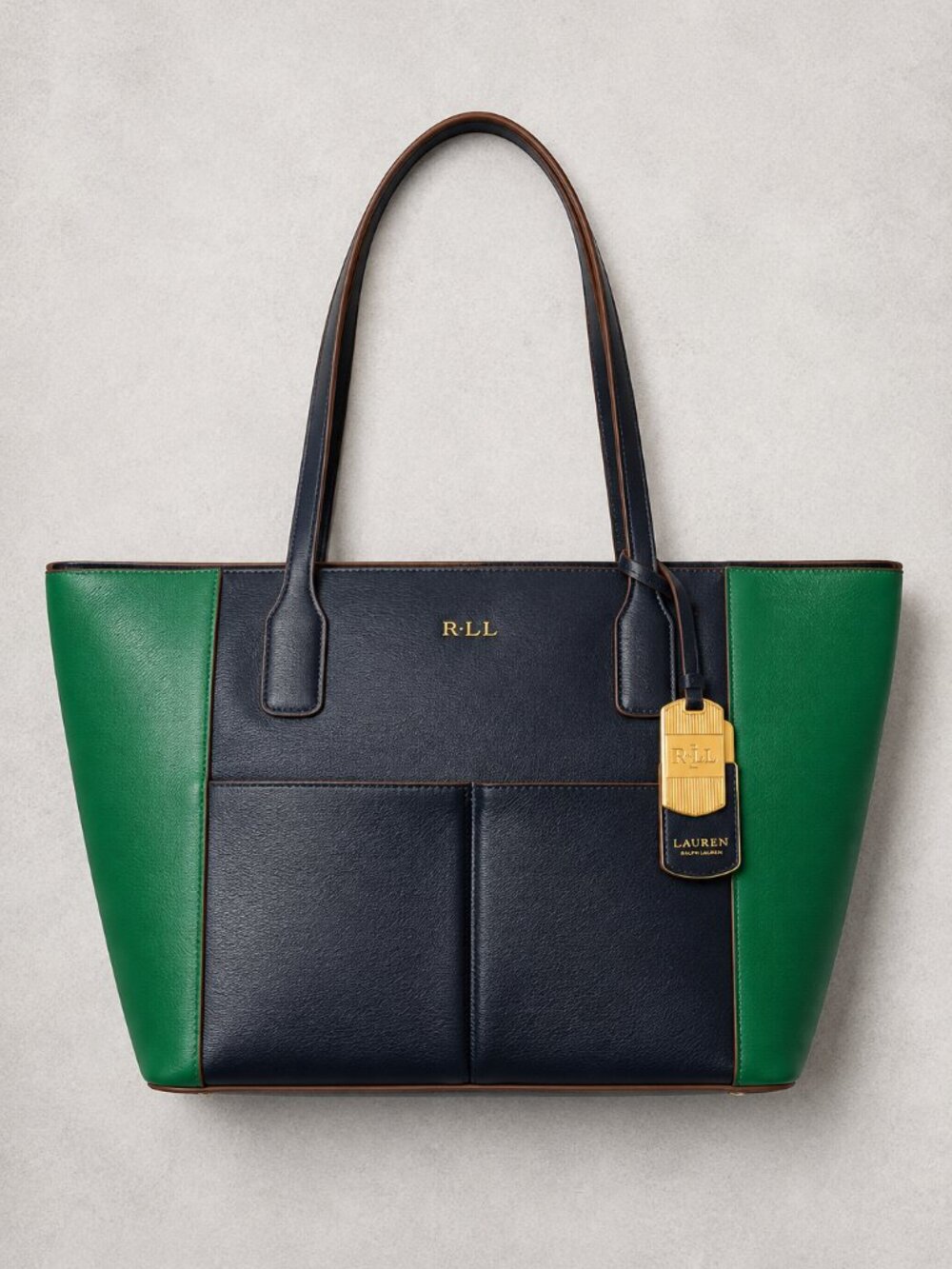 Lauren Ralph Lauren Newbury Pocket Tote  Navy & Kelly Green Colorblock Tote Bag